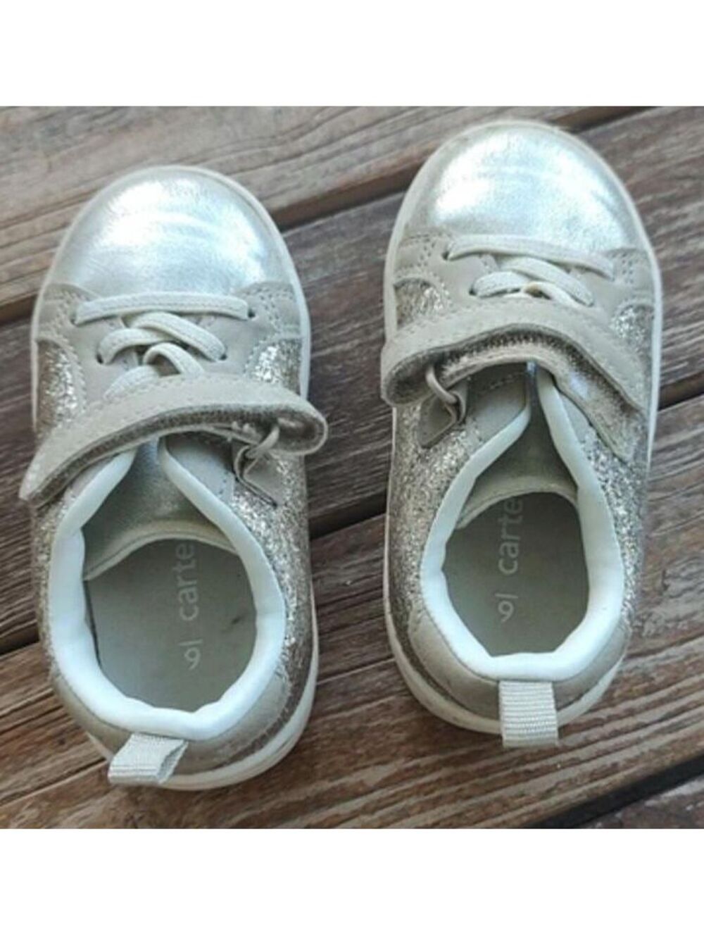 Carter's SZ6 toddler sparkly silver stretch tie & hook and loop fastener sneaker